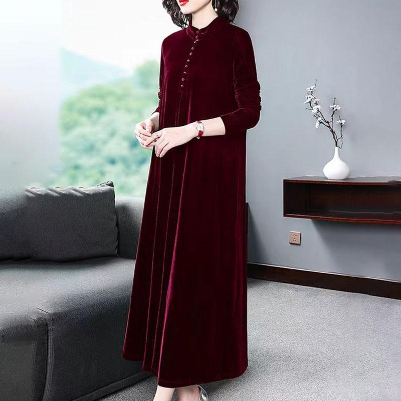 Women's Plus Size Dress Long Gold Velvet Dress Loose Retro Solid A-Line Dress Spring Autumn