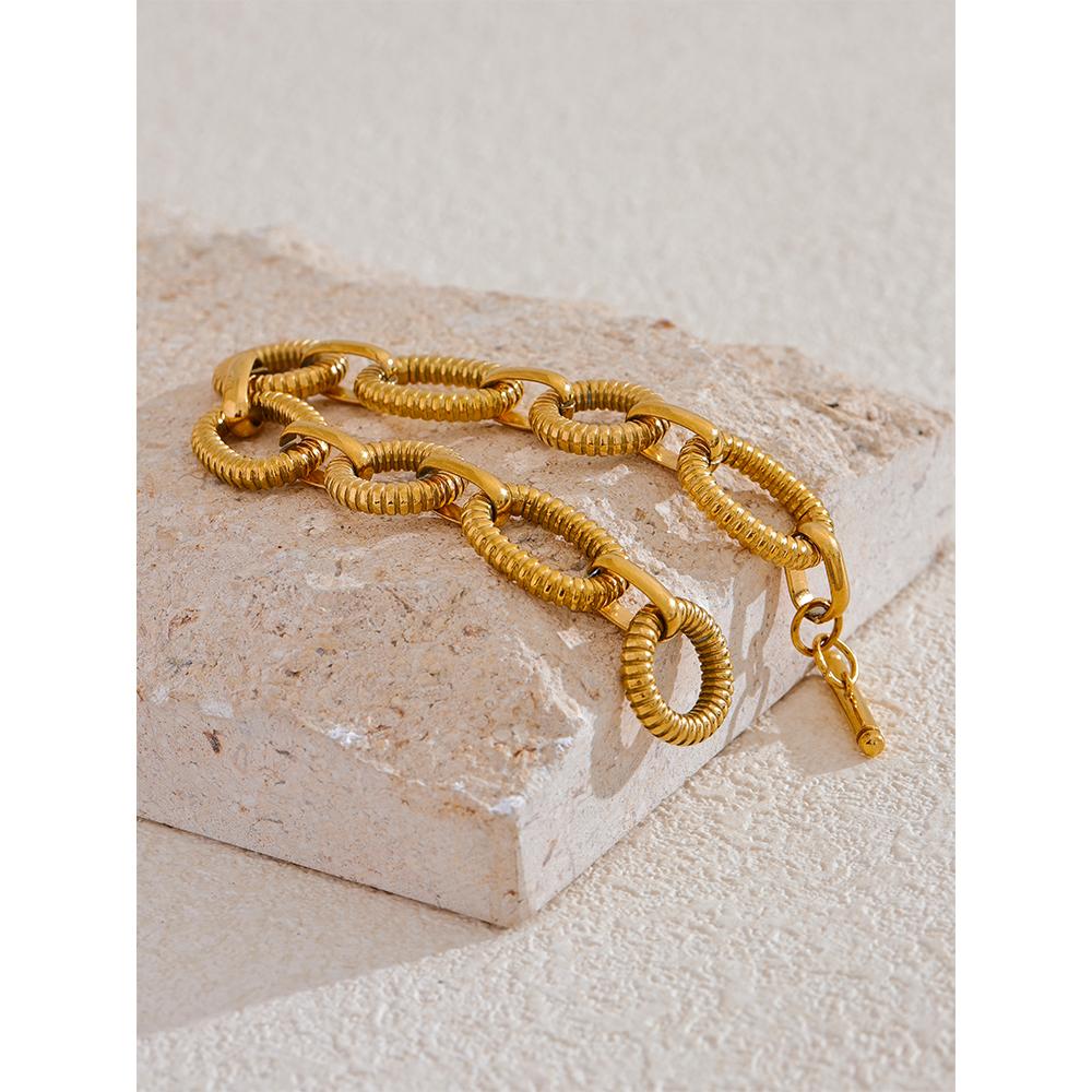 Yhpup 316L Stainless Steel Metal Texture Oval Chain Bracelet Bangle Men Women 18K PVD Plated Toggle-Clasps Statement Jewelry