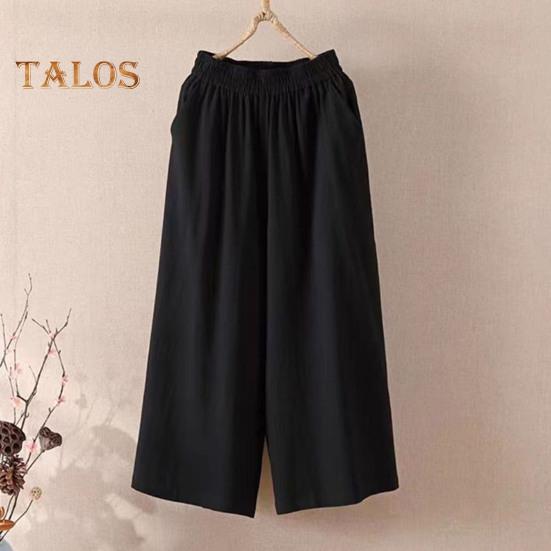 Pantaloni tăiați pentru femei, cu talie elastică, cu talie mijlocie, cu picior largi, cu buzunare, de culoare uni, pantaloni ocazionali, cu tăiere lejeră