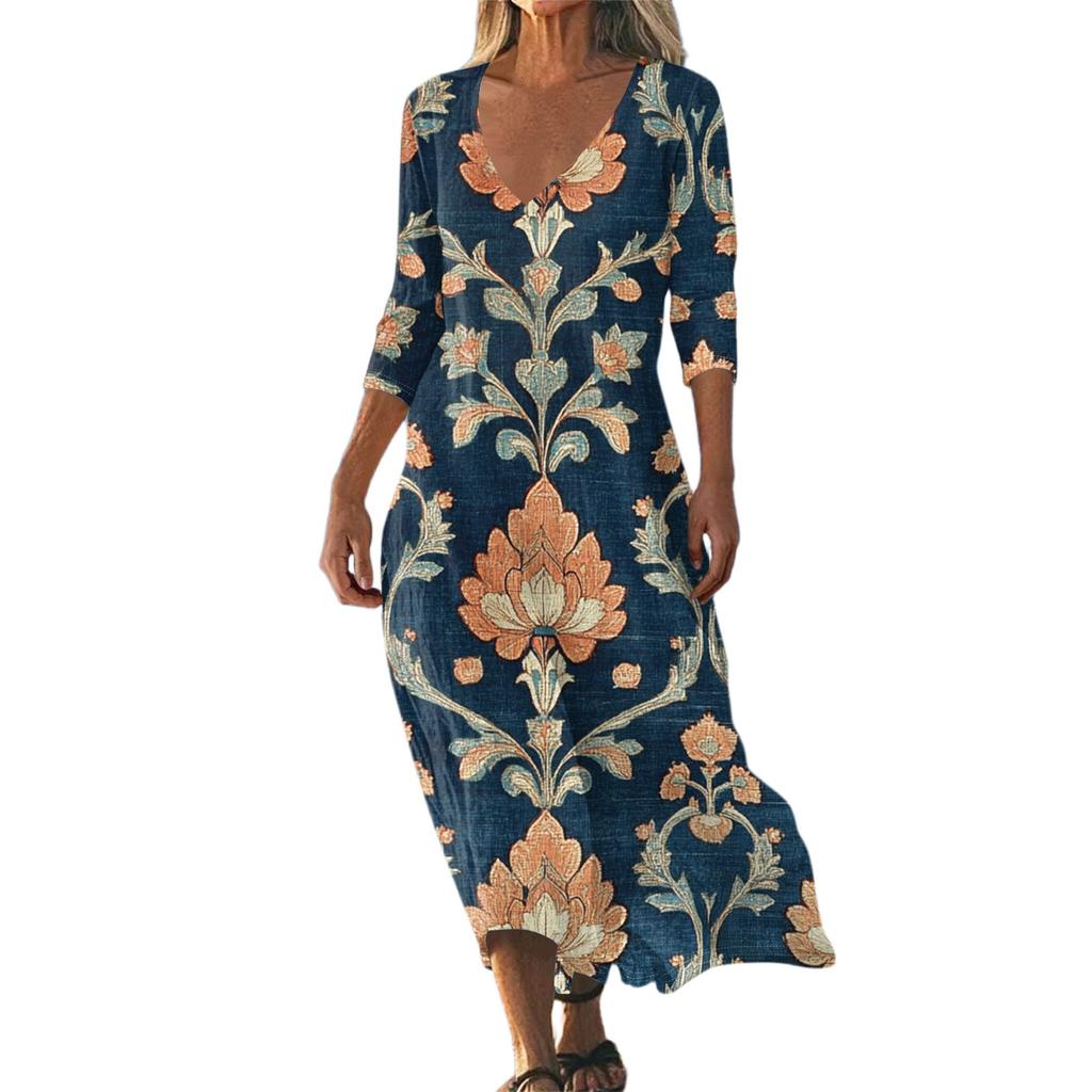 Dresses For Womens Vintage Print Tunic Waisted Midi Dress Summer Casual 3/4 Sleeve Dress