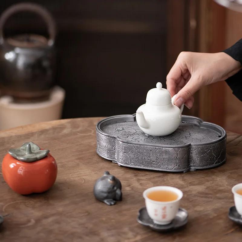 Reinzinn Alter Topf Tablett Retro Japanischer Stil Kung Fu Teegeschirr Trockenguss Tisch Teeteller Wassertropfenbehälter Teetablett Teetisch