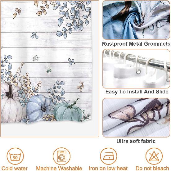 Baccessor Herbst Erntedank Blau Weiß Kürbisse Duschvorhang Eukalyptusblätter Herbst Duschvorhang Polyesterstoff Badezimmer Bad Heimdeko