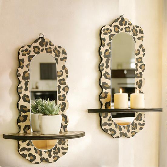 Yousheng Wooden Wall Floating Shelves Leopard Print Decorative Shelf Wall Mounted Planter Display Rack with Acrylic Mirror for Living Room Entryway