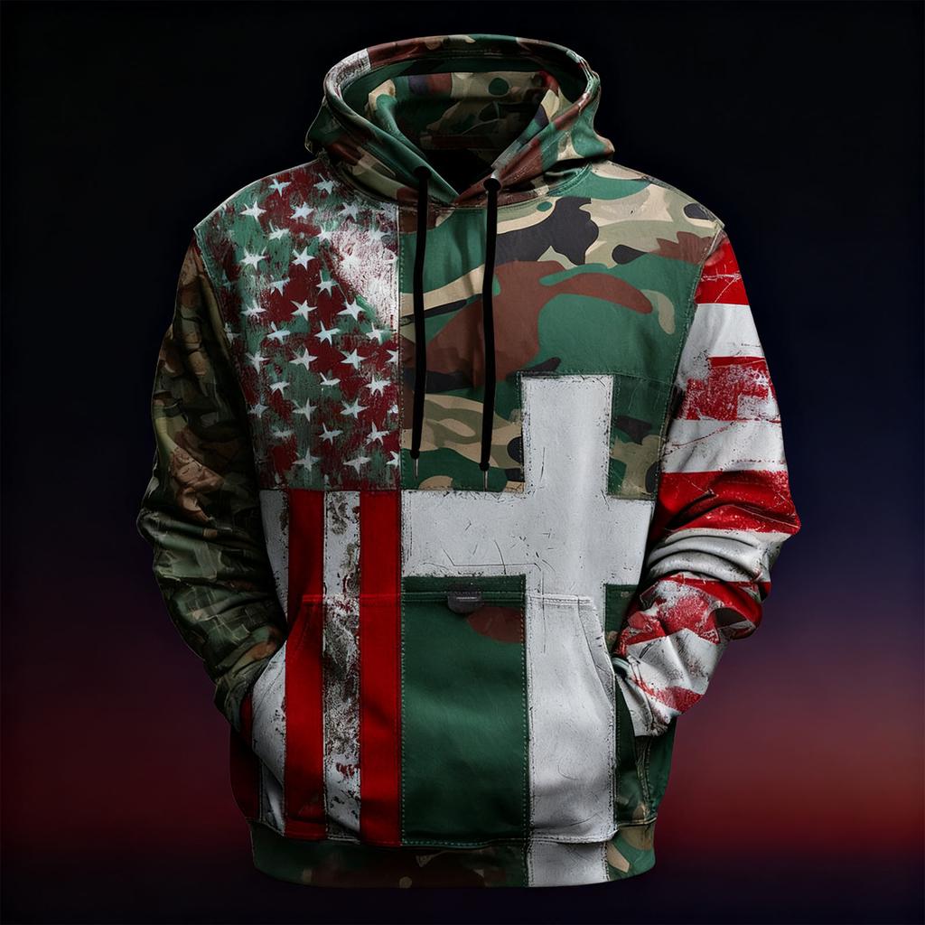 Men's Vintage Casual American Flag Cross Hoodie Patriotic Shirt