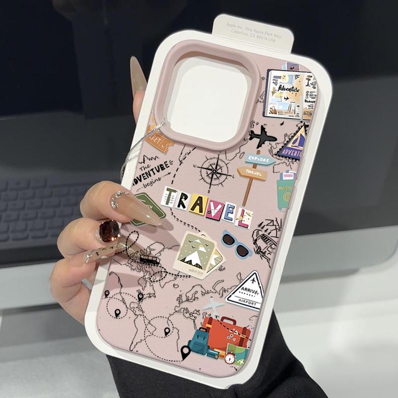 Travel Map Pattern Phone Case For iPhone 17e 16e 17 16 15 14 Pro Max 13 12 Pro Air 11 Leather Texture TPU Silicone Soft Cover