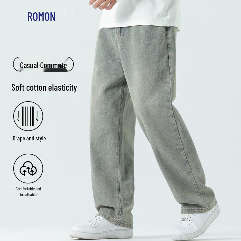 Romon Men's Casual Loose Straight Wide-Leg Jeans for Spring Autumn Winter