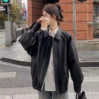 American Retro PU Leather Coat Women Spring Autumn High Fashion Lapel Motorcycle Women Tops Jacket Coat Plus Size