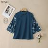 ZANZEA Women Casual Stand Collar Loose Print Splice 3/4 Sleeve Blouse