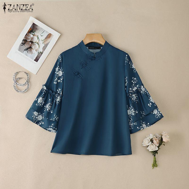 ZANZEA Women Casual Stand Collar Loose Print Splice 3/4 Sleeve Blouse