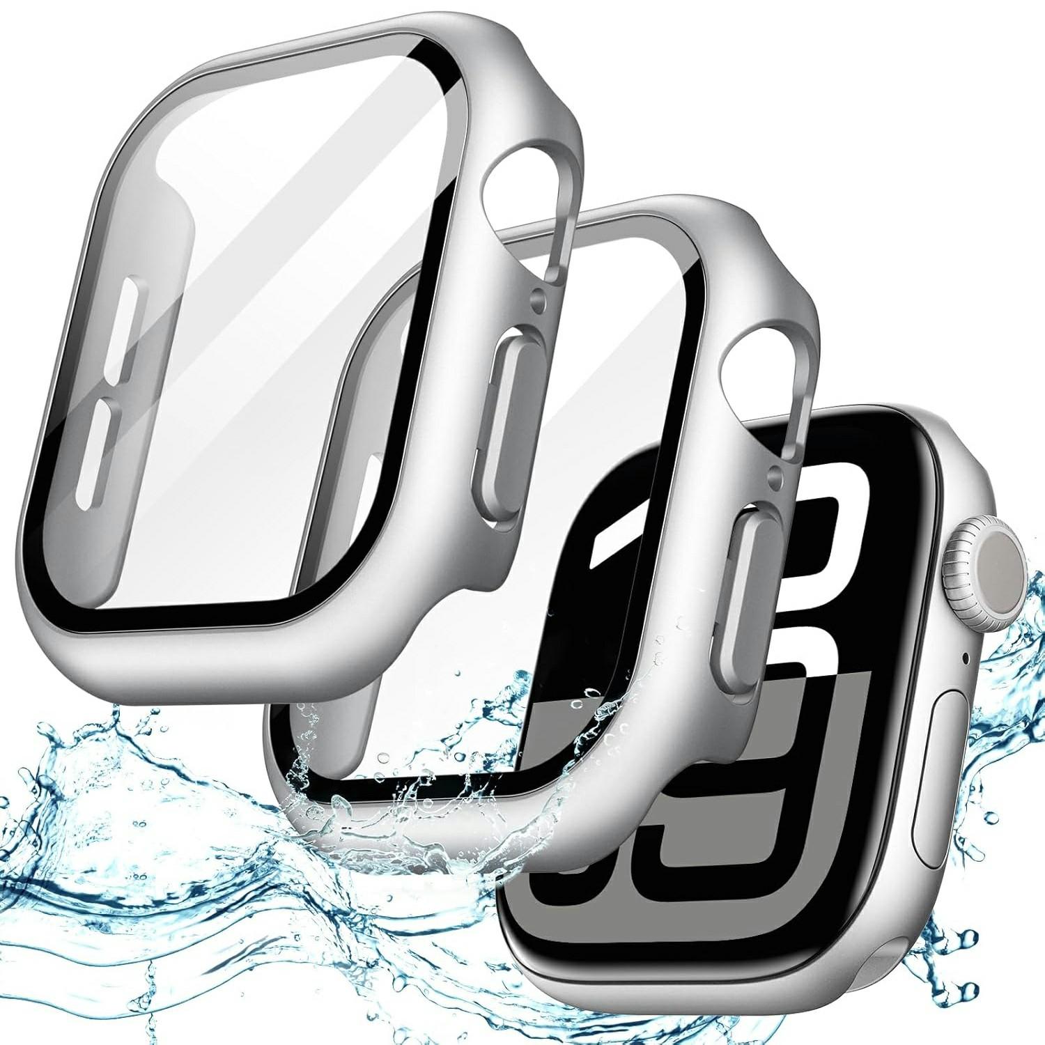 

For Apple Watch Series 10 46mm Watch Case IP68 Waterproof Hard PC Cover with Tempered Glass Film Silver