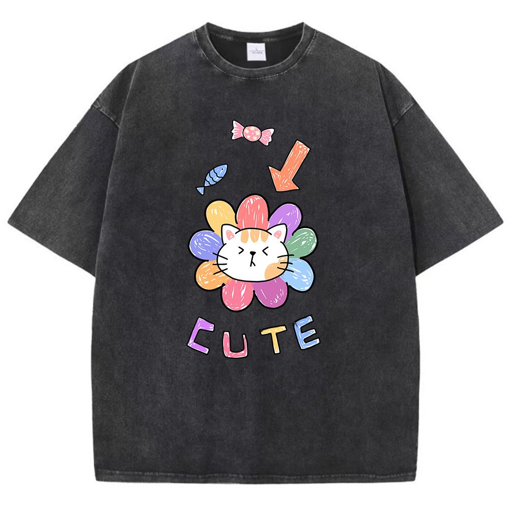 Cute Cartoon Little Flower Cat Men'S Tee Clothing Cartoon T-Shirts Popular Shoulder Drop Tee Shirt Retro Cotton Tops
