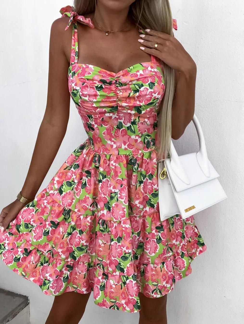 

New Style Pleated Dress with Printed Spaghetti Straps and Cinched Waist M