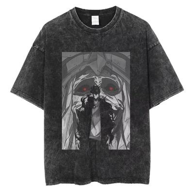 Women's Vintage Washed Cotton T Shirt Oversized Street Anime Solo Leveling Graphic Print Tops Loose Short Sleeves Tees