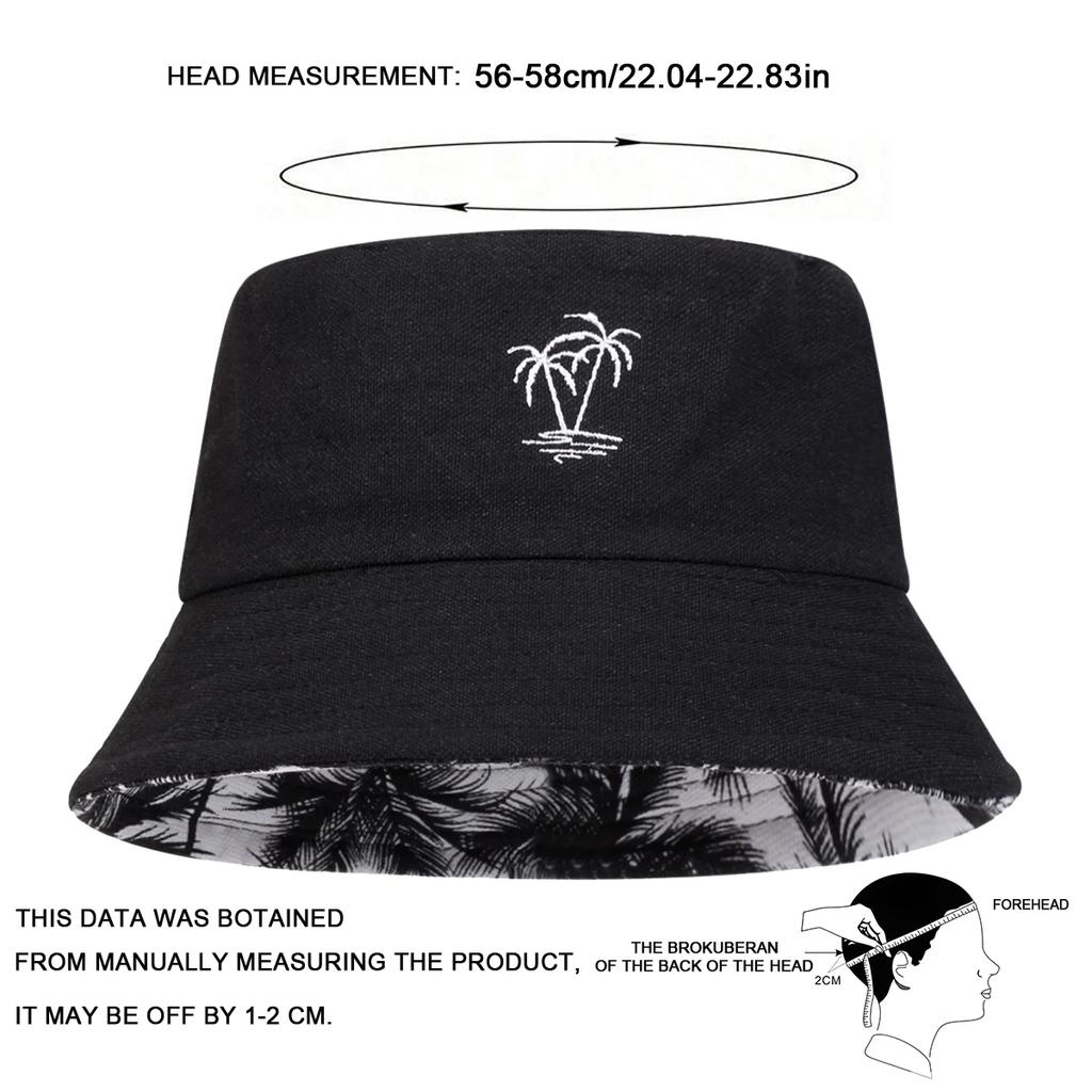 Unisex Coconut Tree Embroidery Double Sided Wearing Bucket Hats Fishermen Caps Outdoor Casual Cap Sunscreen Hat