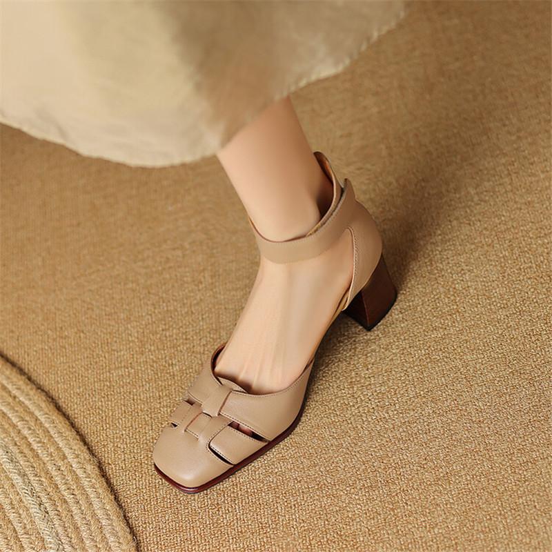 Fashion New Summer Sandals Genuine Leather Sandals Casual French Square Toe Hollow Out GLADIATOR Sandals High Heels Shoes for Women
