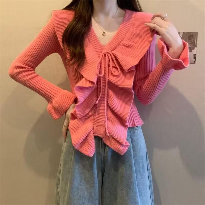 Короткий женский вязаный свитер с V-образным вырезом и принтом листьев лотоса облегающий однотонный свитер с рукавами-лепестками топы для французских леди One Size розовый 2298₽