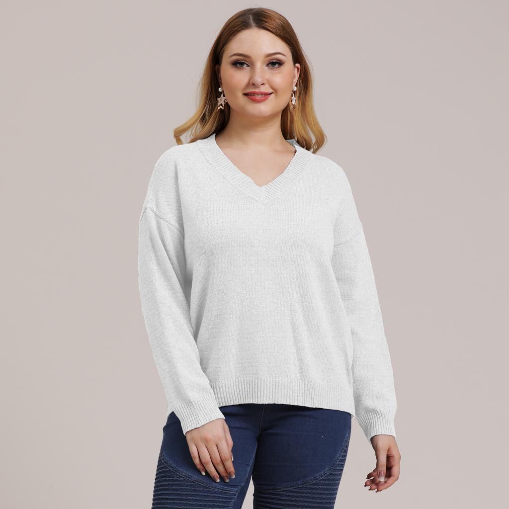 Autumn and Winter Plus Size Women's Solid Colour Simple Woven V-neck Pullover Jumper