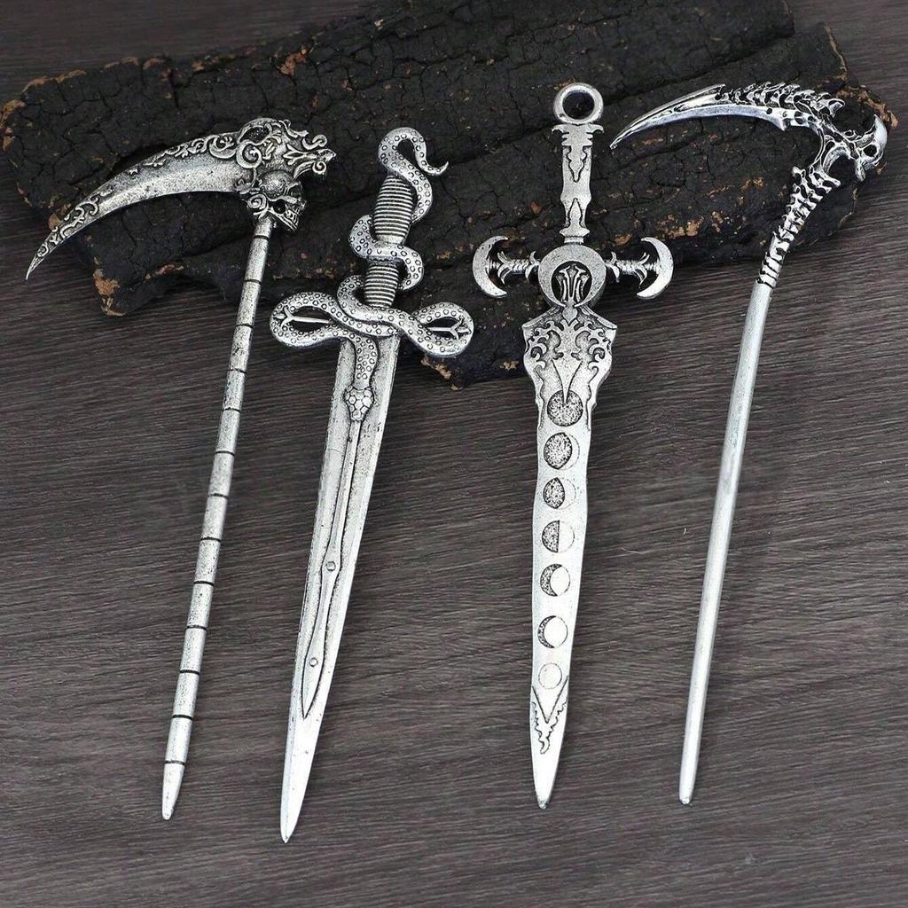 Witch Grim Reaper Skull Hairpin with Moon Sword and Retro Snake Design