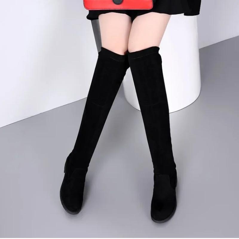 Fashion 2024 Autumn and Winter Long Boots, Knee High Flat Elastic, Slimming Black Knee High Boots, Suede, Student Low Heel, Large Size