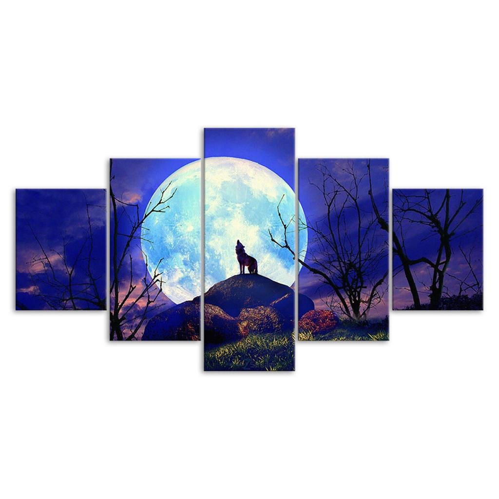 Full Moon Night Forest Animal Wolf 5 Piece Five Panel Wall Canvas Print Modern Poster Pictures Home Decor Gift For Him For Her
