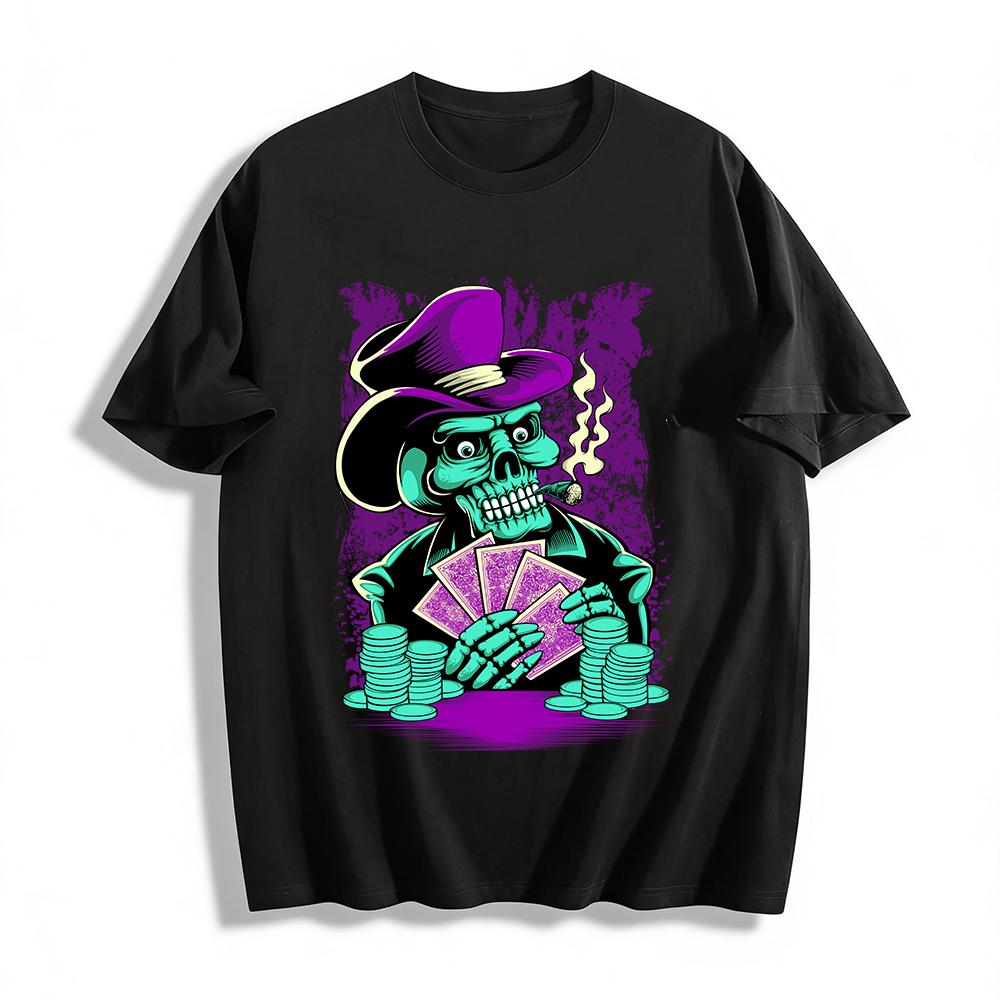 

Skeleton Gambler Print Trendy T-shirt Vintage Street Casual Top Pure cotton T-shirt XXS