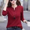 Spring and Autumn All Seasons Women's Long Sleeved T-shirt Wine Red Pure Cotton New Fashion Large V-neck Slim Fit Casual Top 3XL
