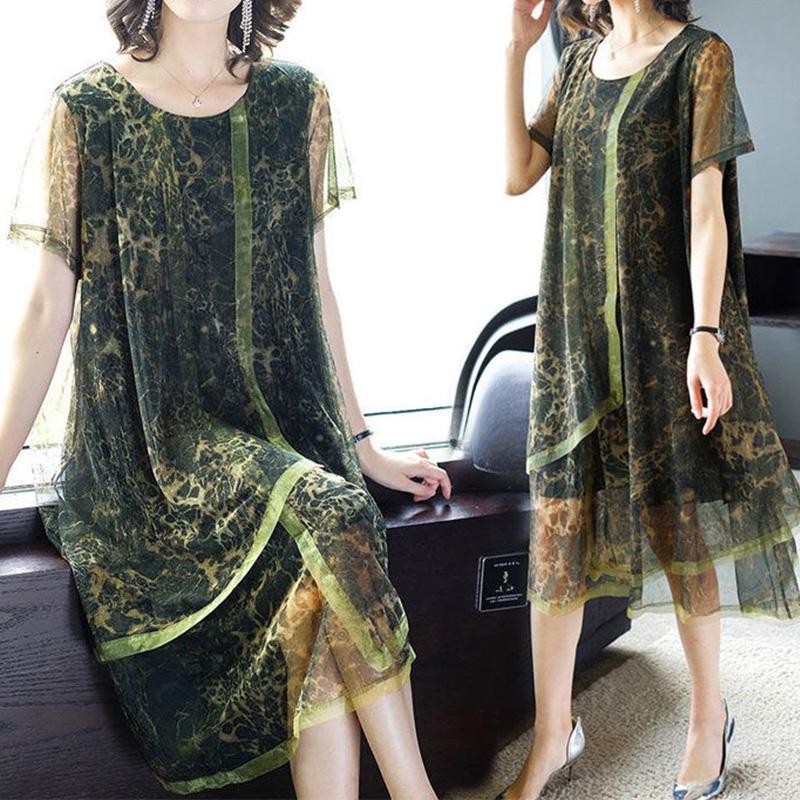Elegant Fashion Leopard Printed Asymmetrical Dresses Summer 2025 Short Sleeve O-Neck Oversized Loose Midi Dress Women's Clothing