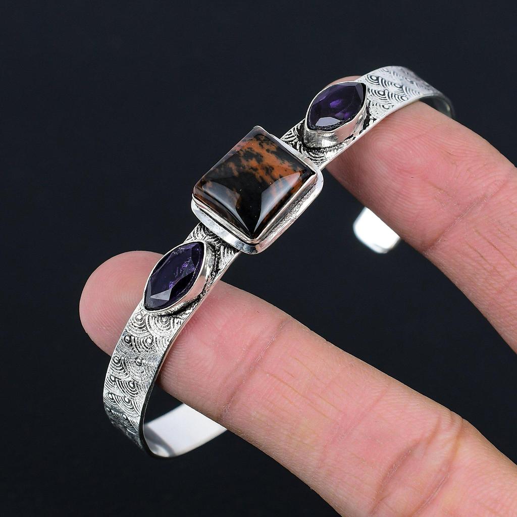 Gift For Women Bangle Adjustable 925 Silver Natural Mahogany Obsidian Gemstone