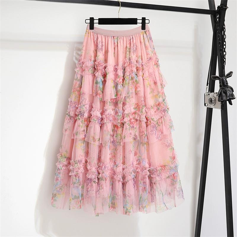 DIMANAF 2025 Summer Women New Skirts  Elastic Waist Flower Pleated Mesh Elegant Skirts