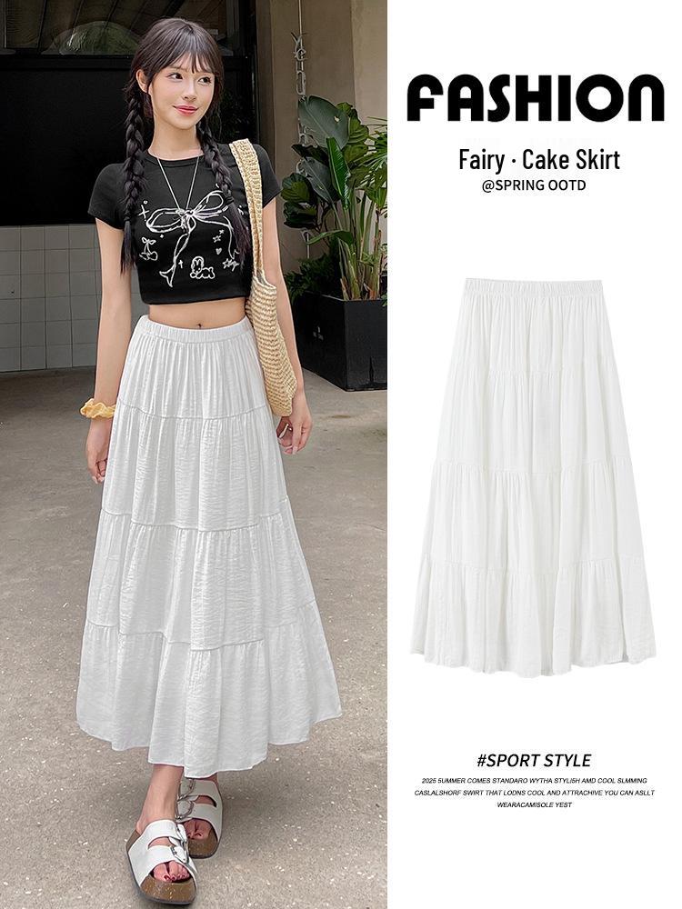 Women's White A-line Midi Skirt - 2025 Spring/Summer, Elastic High Waist, Slimming Long Fresh Style