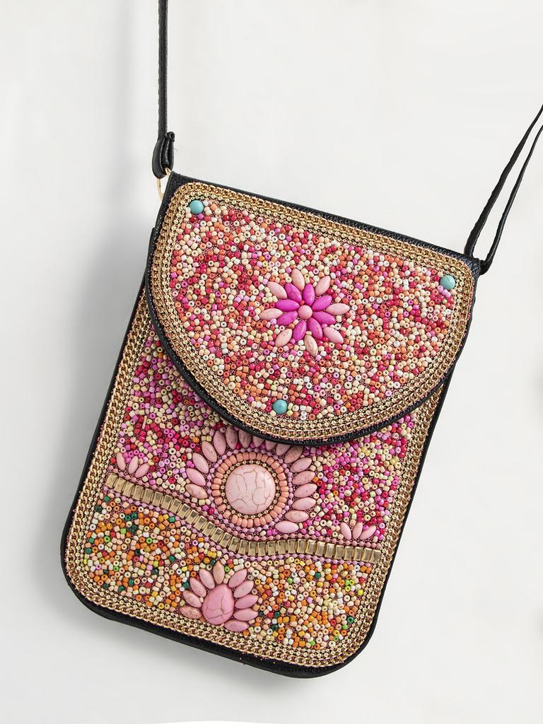 Bohemian Theme Pu Handbag With Magnetic Flap And Floral Accents For Daily Outings
