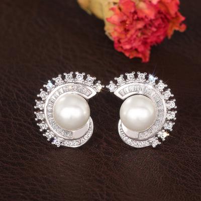 New Arrival White Gold Color Cubic Zircon Pearl Stud Earrings for Women Fashion  Sterling Silver Earrings Banquet
