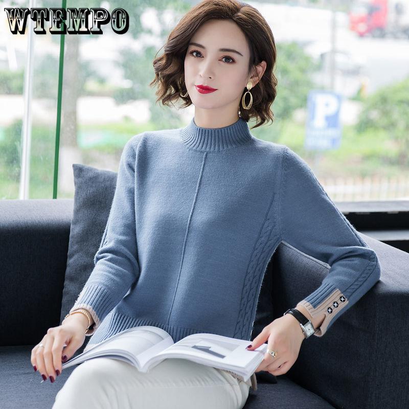 Autumn and Winter Women's Sweater Mid Neck Women's Cinched Waist Knitted Sweater