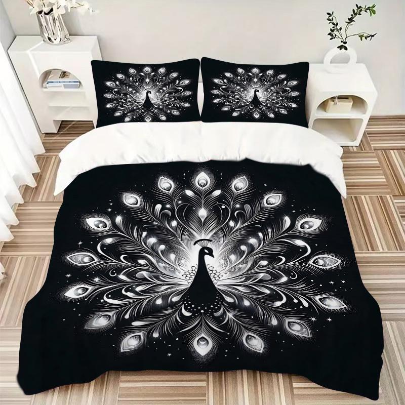 3pcs Radiant Peacock Print Bedding Set (1 Cover + 2 Pillowcases, Without Inserts), This Printed Bedding Set Is Soft and Comfortable, Suitable for