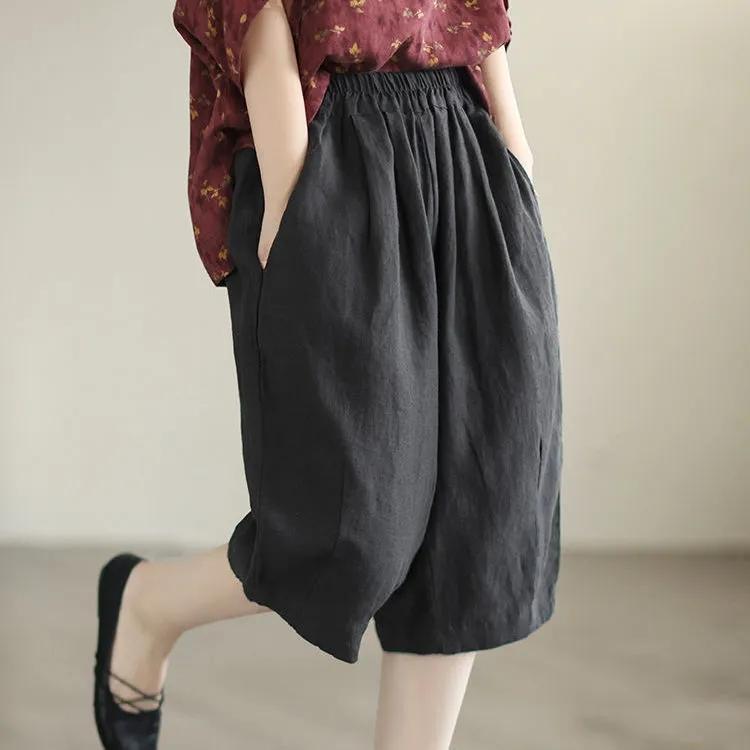 Pantaloni semplici casual da donna estivi in cotone e lino retrò letterario a tinta unita con elastico in vita taglia grande pantaloni a cinque punti
