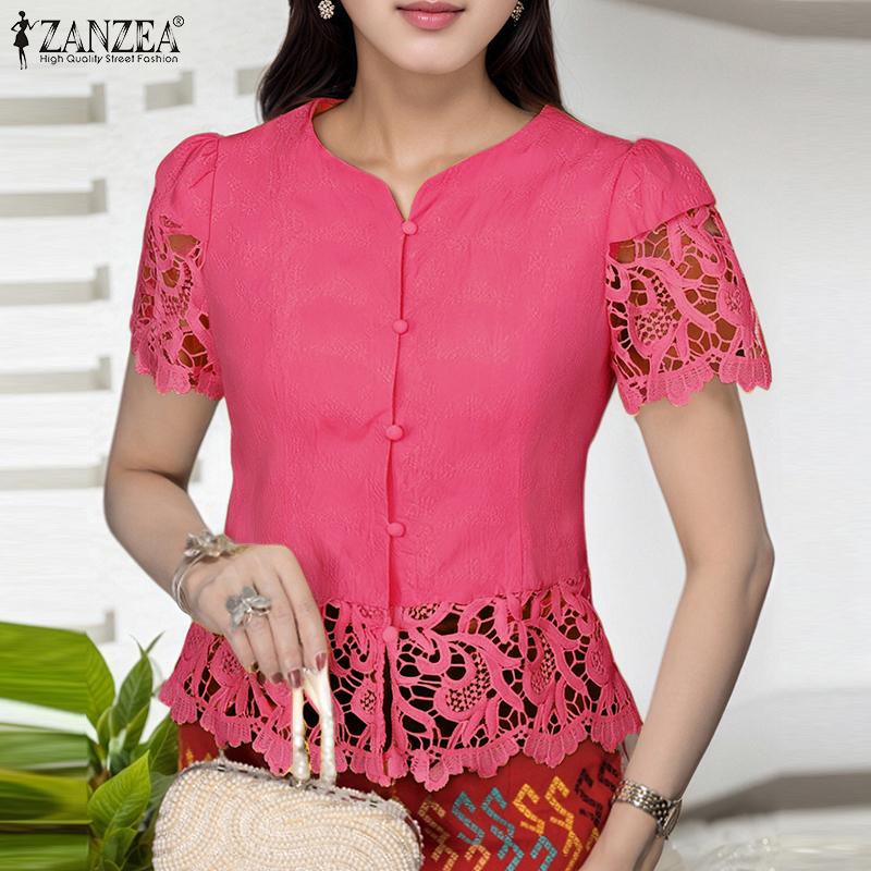 ZANZEA Dame Sommer V-hals Hul Heklet Spleis Kort Ermet Casual Bluse