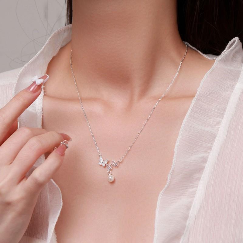 Butterfly Pearl Necklace Women Sterling Clavicle Chain Elegant Minimalist Jewelry