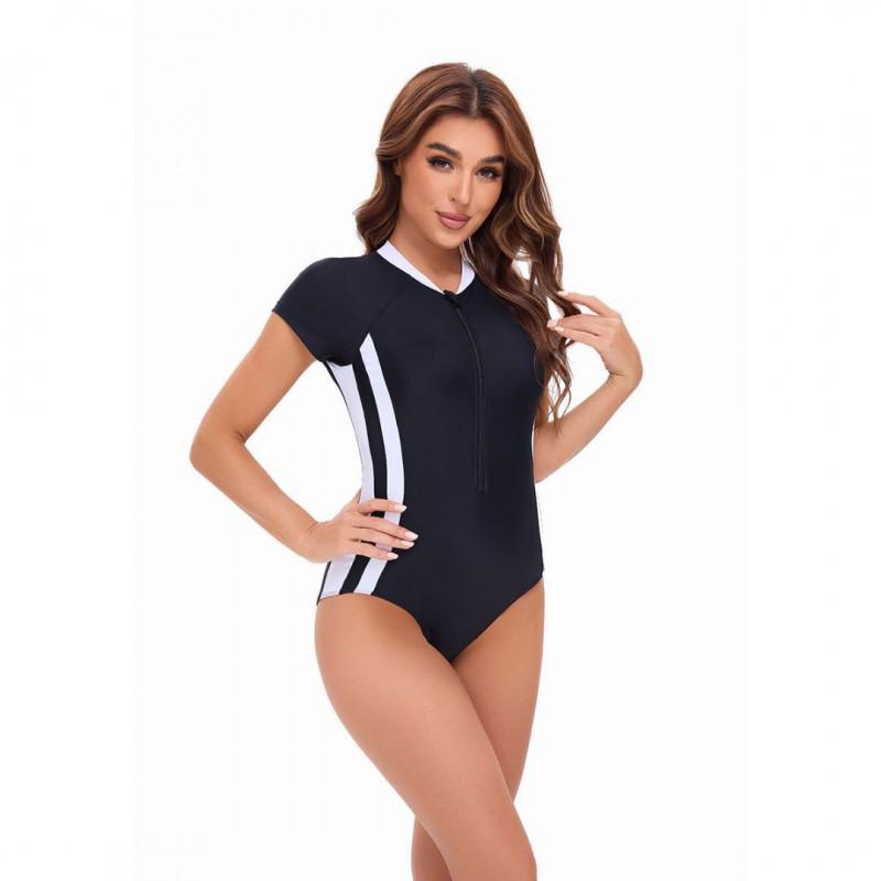 Womens Short Sleeve Colorblock Zipper Front One-Piece Swimsuit With Built-in Pad High-Waisted Athletic Swimwear Pool Beach