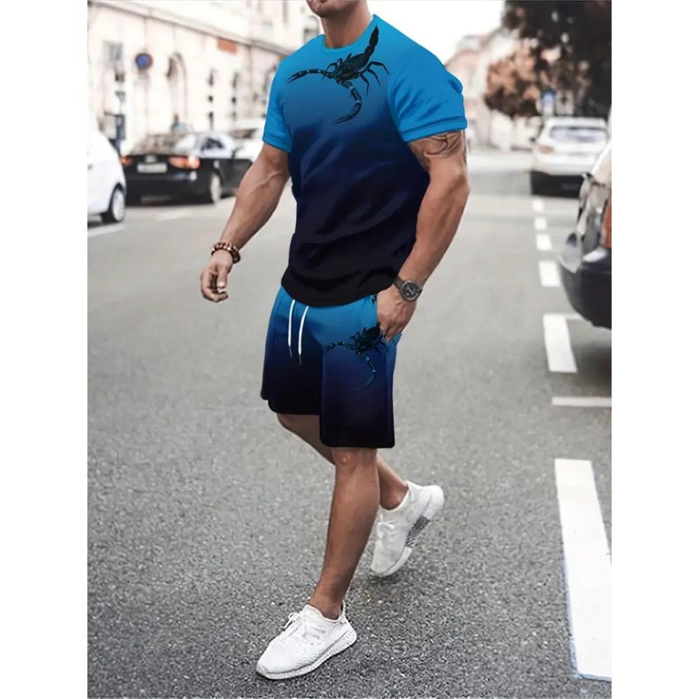 Men's Summer Sports Plus Size 2-piece Set Striped Design Loose Breathable Fashionable Colorful 3D Print Sports Wear
