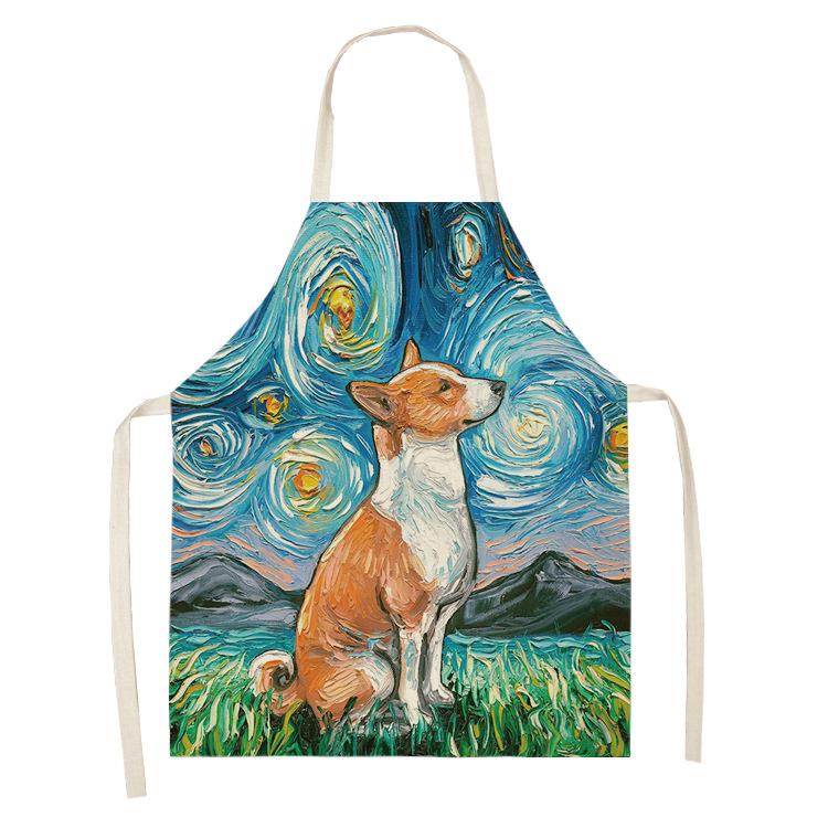 Schürze im Ölgemälde-Stil, Sternenhimmel-Hintergrund, Hund, Leinen, Baumwolle, kreative Eltern-Kind-Schürze, Familienküche