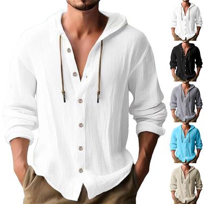 Herren Einfarbiges Lässiges Langarmshirt mit Kapuze und Kordelzug, Baumwoll- und Leinen-Cardigan, Trendiges Vielseitiges Lockeres Strand-T-Shirt