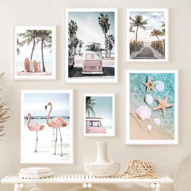 Sunny Beach Surfboard Decoration Posters Sea Turtle Ocean Landscape Canvas Painting Nordic Seaside Picture For Living Room Decor