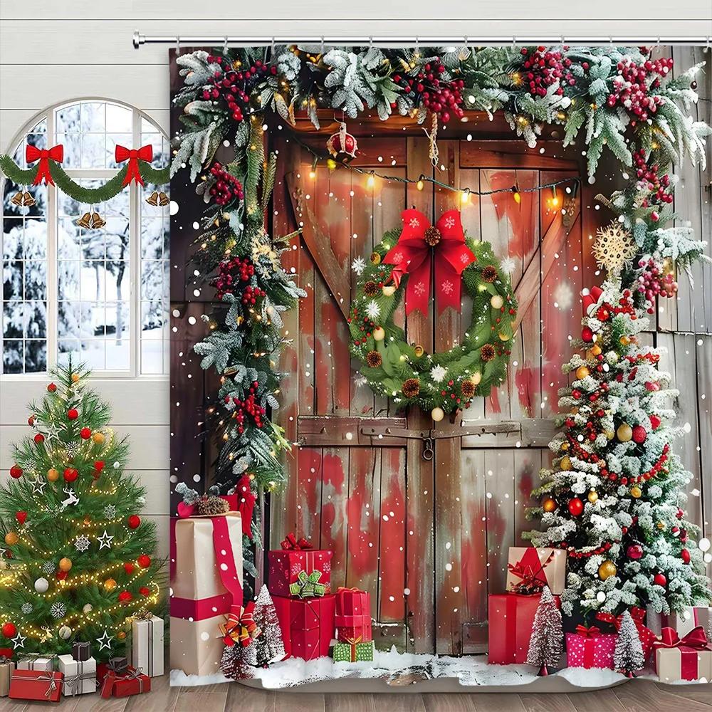 Christmas Shower Curtain Winter Holiday Farm Mantel Stockings Gifts Rustic Pine Home Polyester Fabric Bathroom Decor Curtain Set