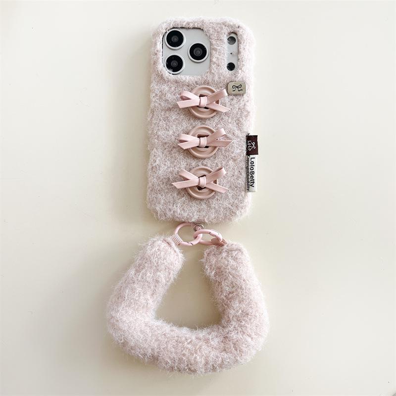 Winter Velvet 3D Bow Button Phone Case for iPhone 17/16 Pro Max/15/14