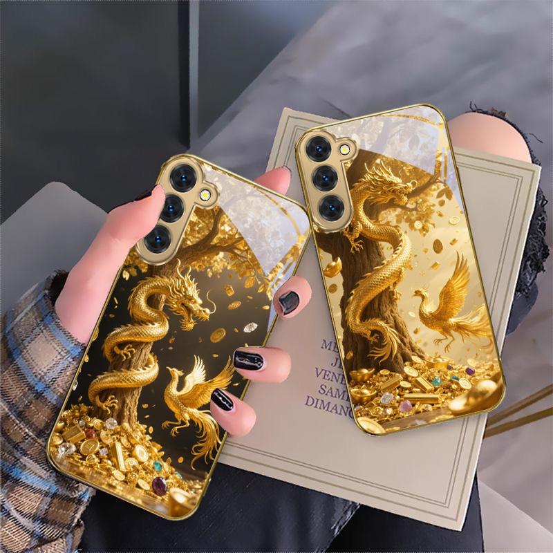 Golden Dragon Coiling For Samsung Galaxy S20 FE S21 S22 S23 Plus S24 Ultra S25Ultra S21+ S9+ S22Plus Golden glass phone case