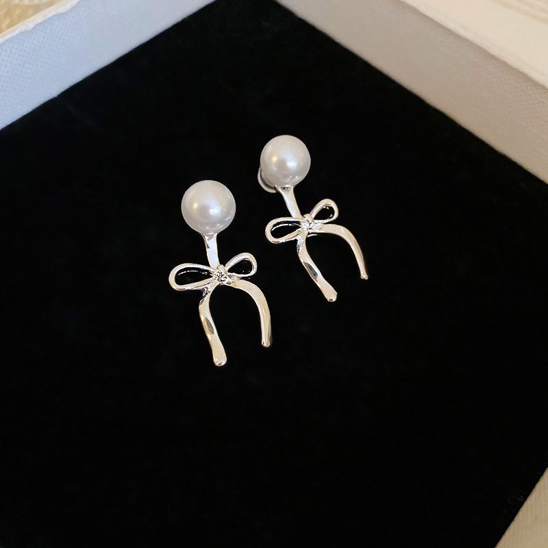 1Pair Korean Style  Pearl Bow Earrings For Women Girls High End Simple Elegant Ear Studs Wedding Party Jewelry Gift