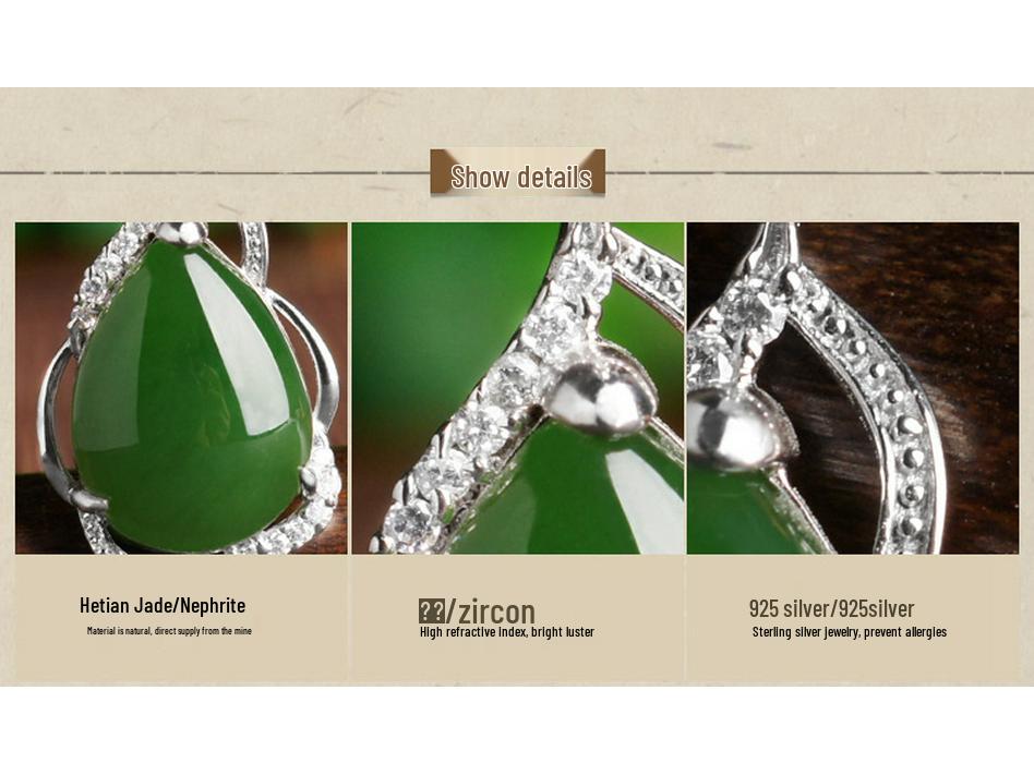 925 Sterling Silver Hetian Jade Water Drop Pendant Necklace with Certificate Jasper Style