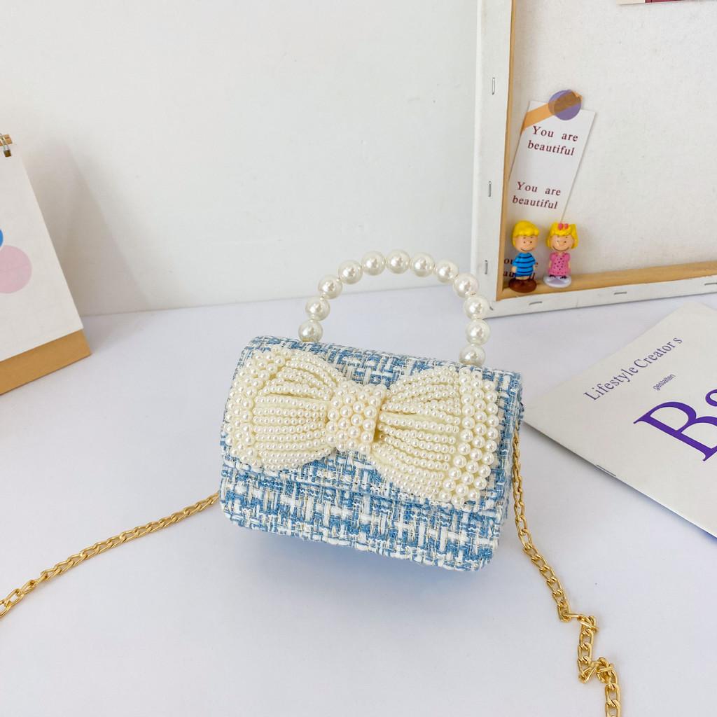 

Trendy Girls Pearl Bow Crossbody Bag With Durable Canvas Material For Everyday Use Blue