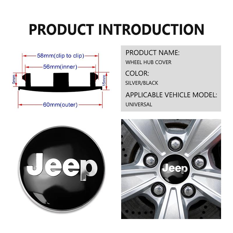 AIB3   4pcs 60mm Car Wheel Center Cover Hub Cap Auto Decoration Accessories For Jeep Grand Cherokee Patriot Renegade Compass Wrangler