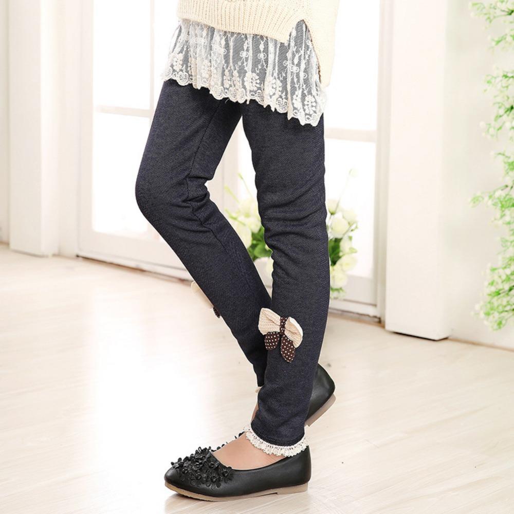 Girls' Cute Bow Denim Leggings with Fleece Lining - Thickened Warm Casual Long Pants Fall/Winter Pants
